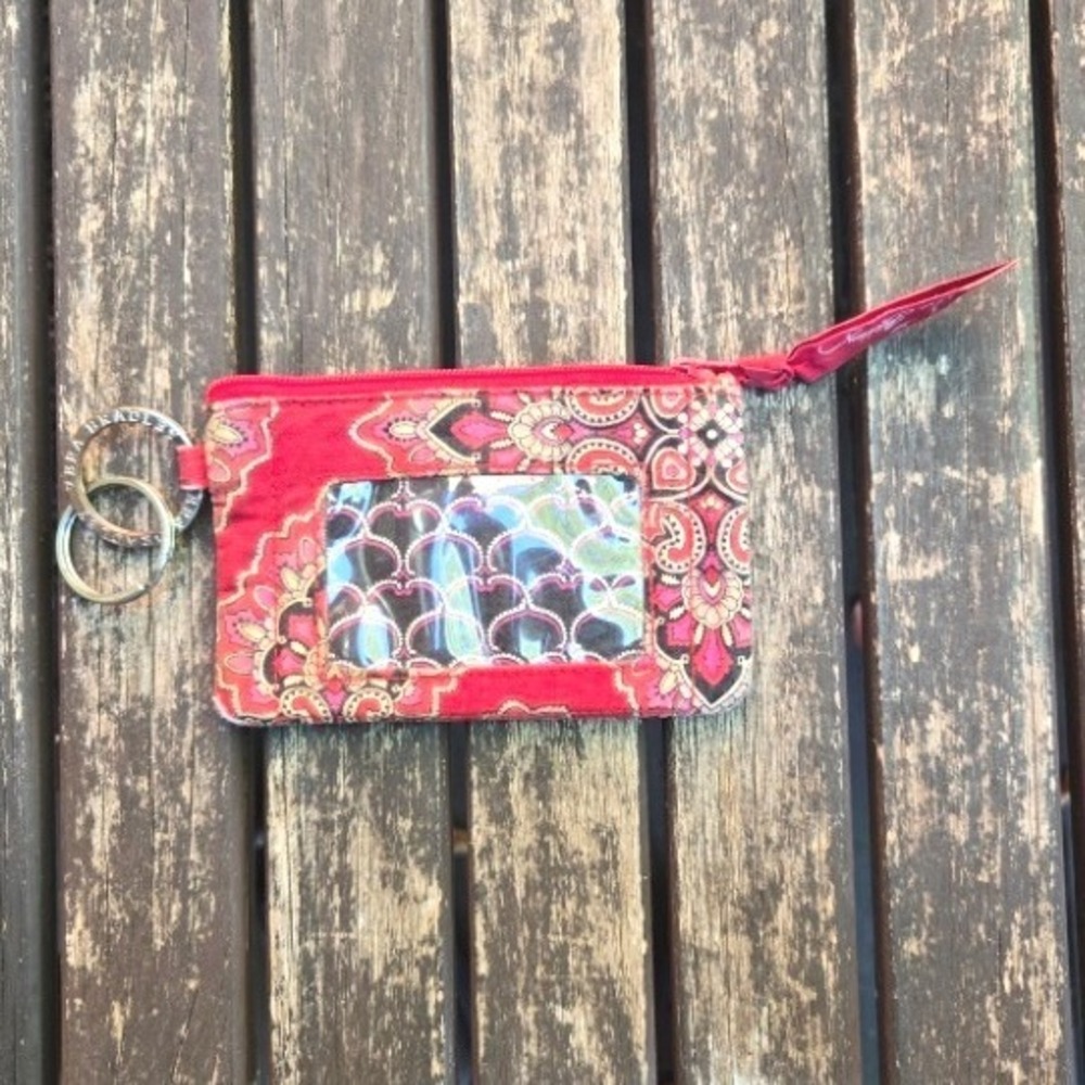 Vera Bradley Raspberry Fizz Zip ID Case Key Ring Coin Purse Red Pink Paisley